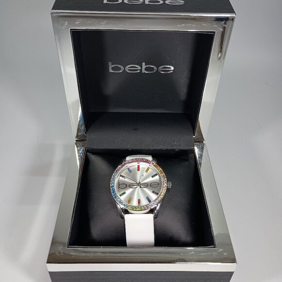 Bebe Women's Watch Silver Dial Crystal's On Bezel Silicone Band New Battery - Picture 1 of 10